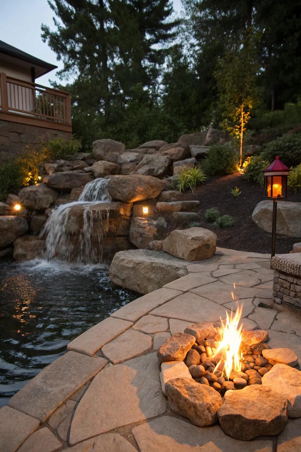 A rocky waterfall featuring a fire pit fashions a warm and inviting environment.