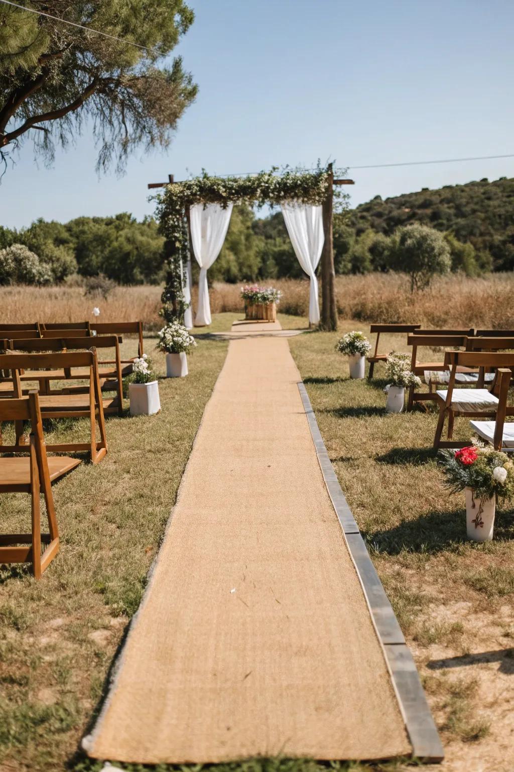 An earthy natural fiber runner enhances the texture of an open-air ceremony.