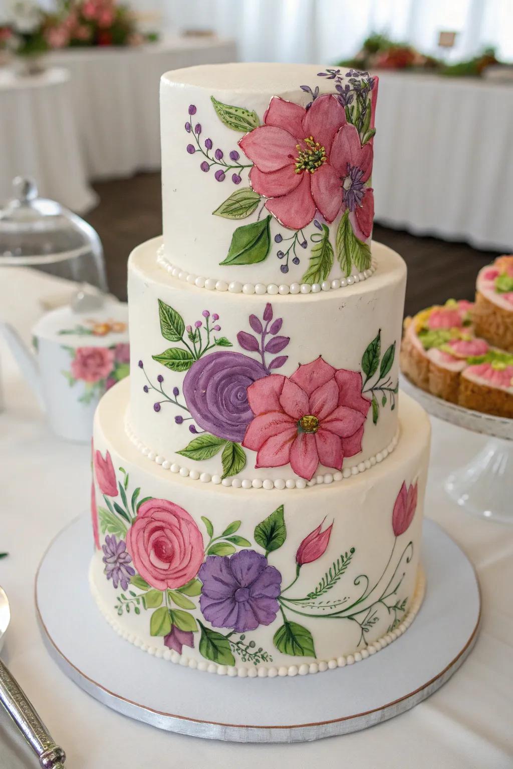 A wedding cake featuring hand-painted floral motifs for an artistic flourish.