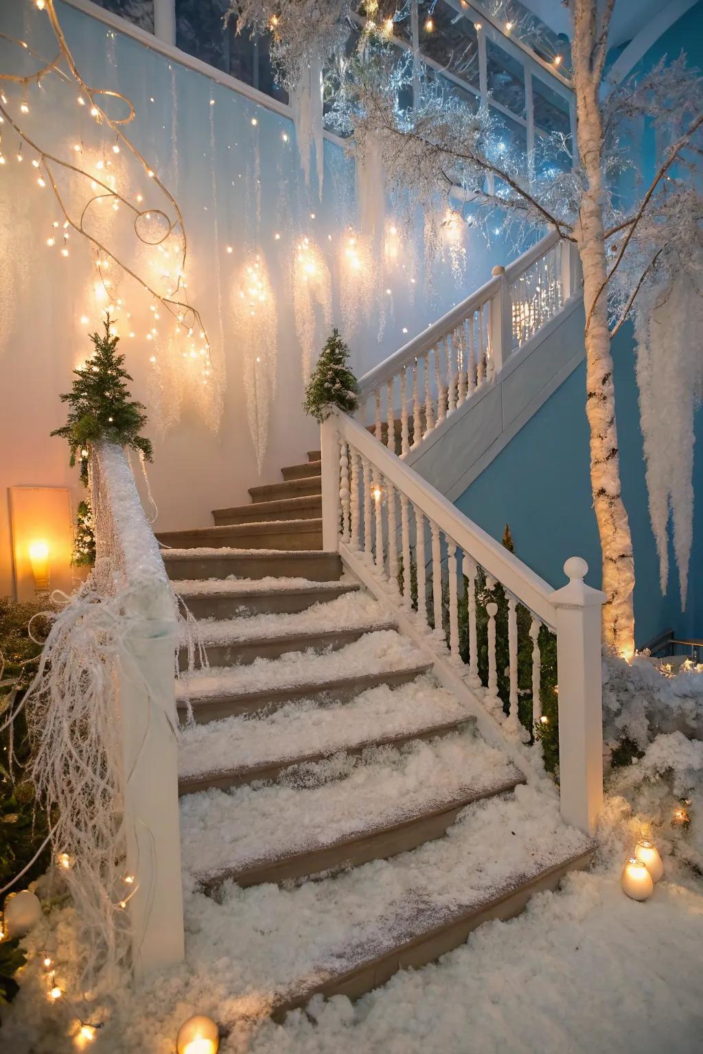 A winter wonderland theme brings a magical, seasonal accent to this stairway.