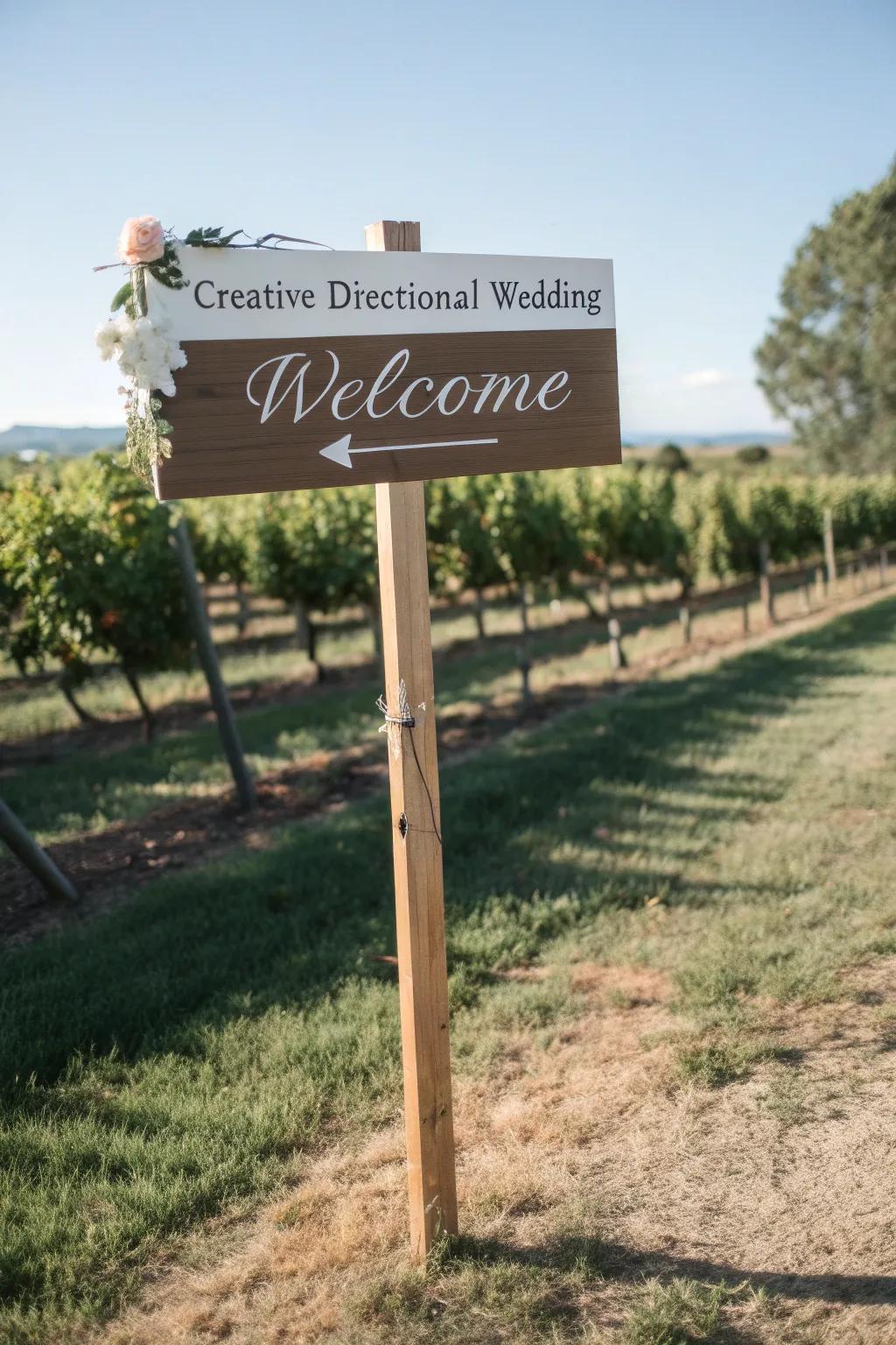A creative directional welcome sign, perfect for guiding guests at a vineyard wedding.