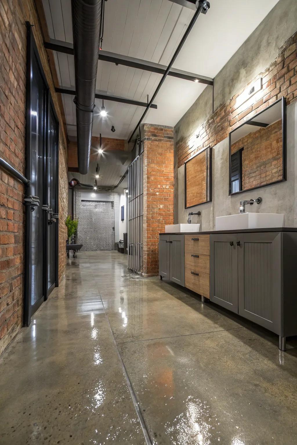 Durable flooring imparts an industrial-chic spirit to wet rooms.