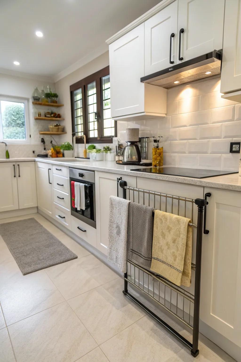 Affix retractable racks beneath the surface for concealed and convenient towel storage.