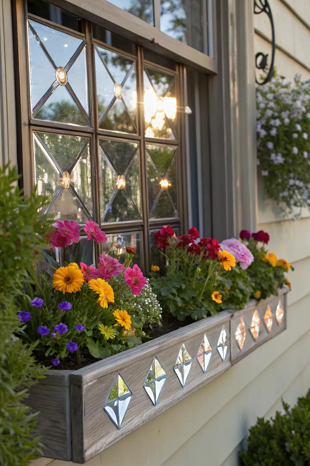 Mirrors positioned in a window box craft dazzling glimmers