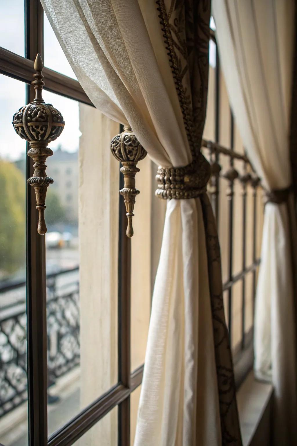 Ornate fixtures contribute an ornamental facet to these window treatments.