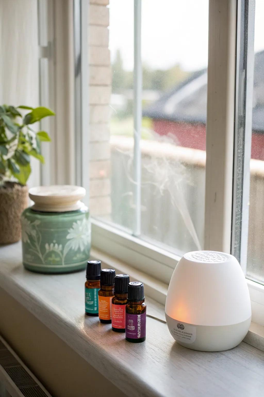 An aromatherapy setup with essential oils on a windowsill.