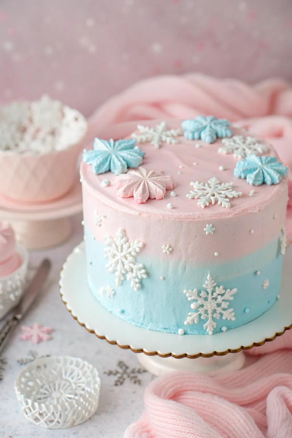 A pastel winter dream with soft hues and delicate crystals.