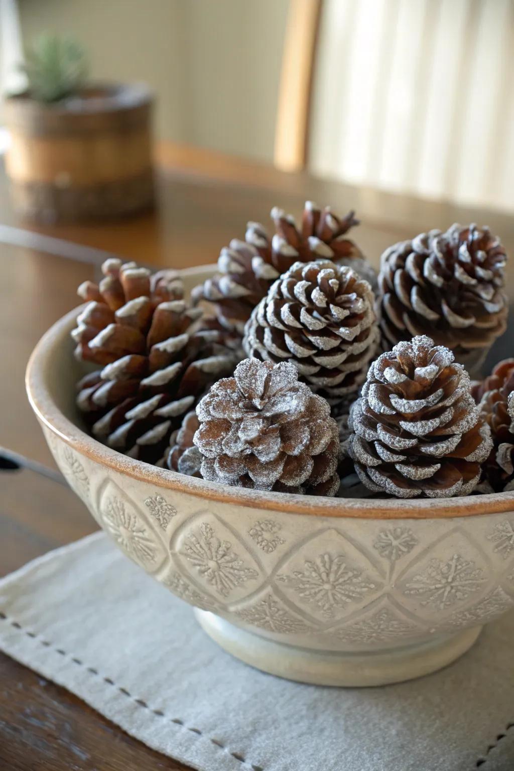 Frosted cones present a natural winter accent.