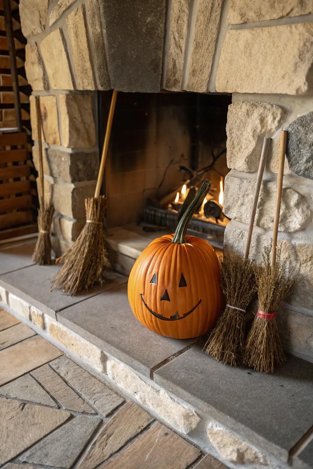 Jack-o'-lantern accompanied by charming besom accents.
