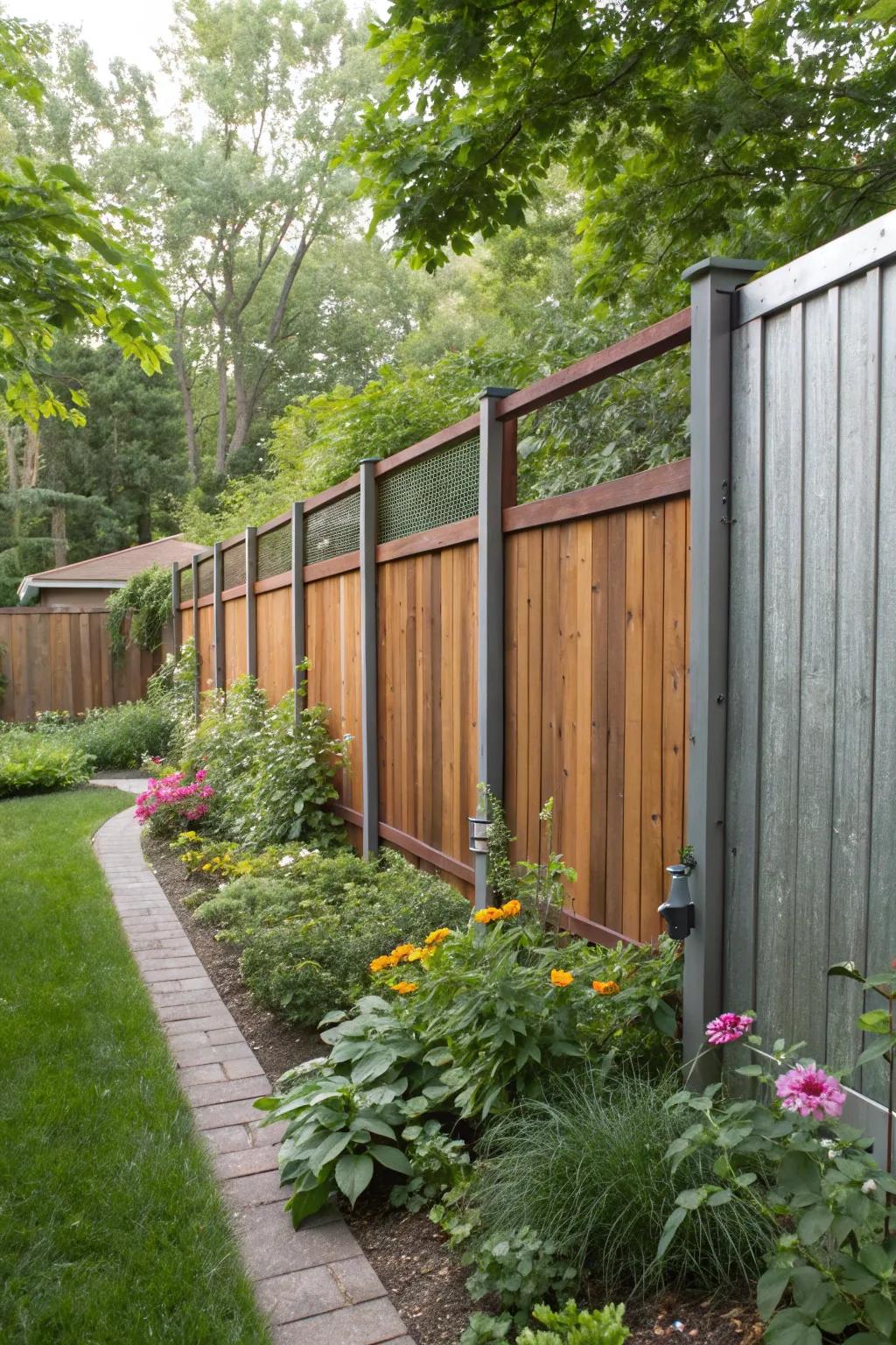 A unique secluded fence with wood and metal.