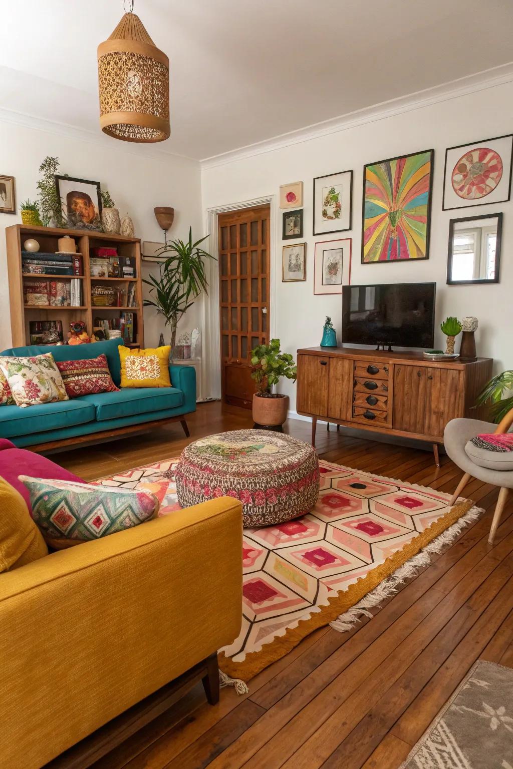 An eclectic living room showcasing a rich mix of wood tones.