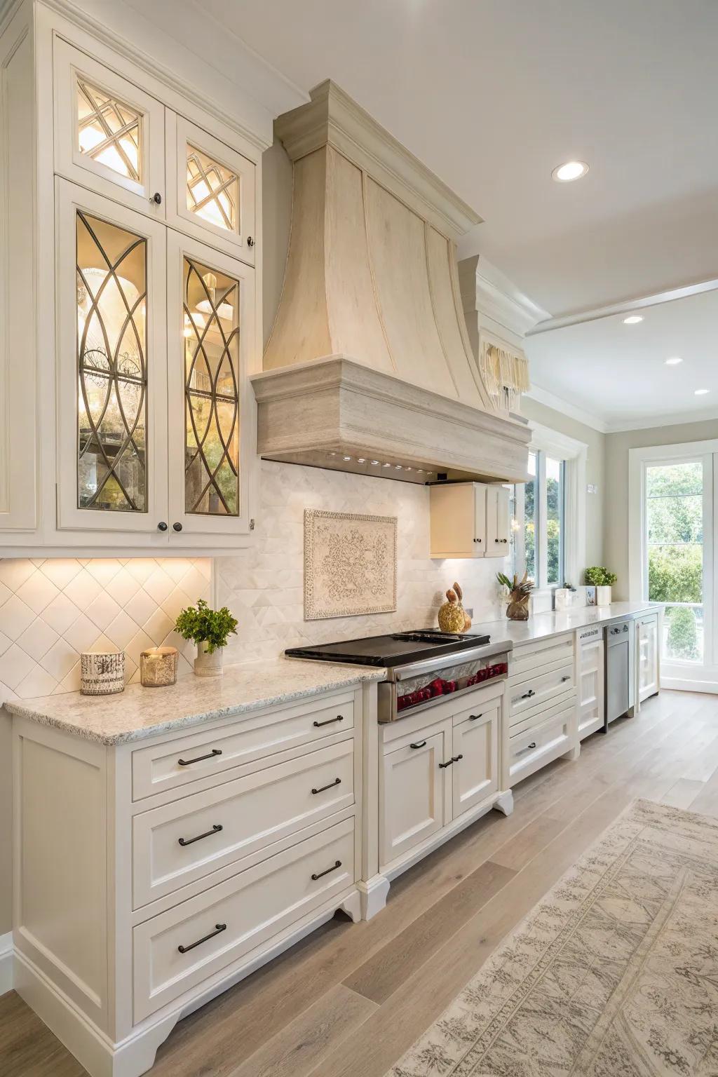 White timber chimney hoods create a harmonious and refreshing cooking area visual.