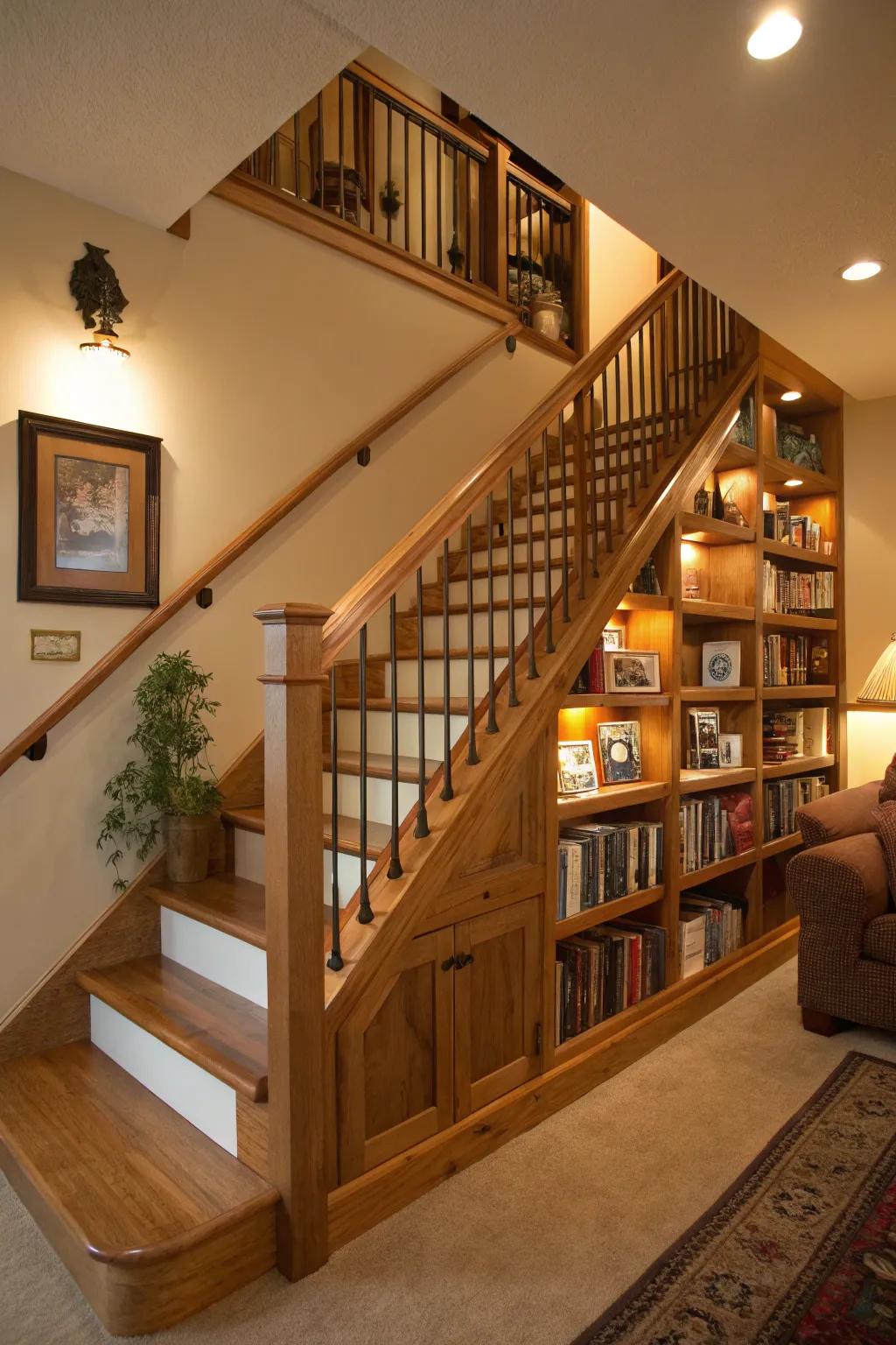 Practical design: built-in shelves in a wooden railing.