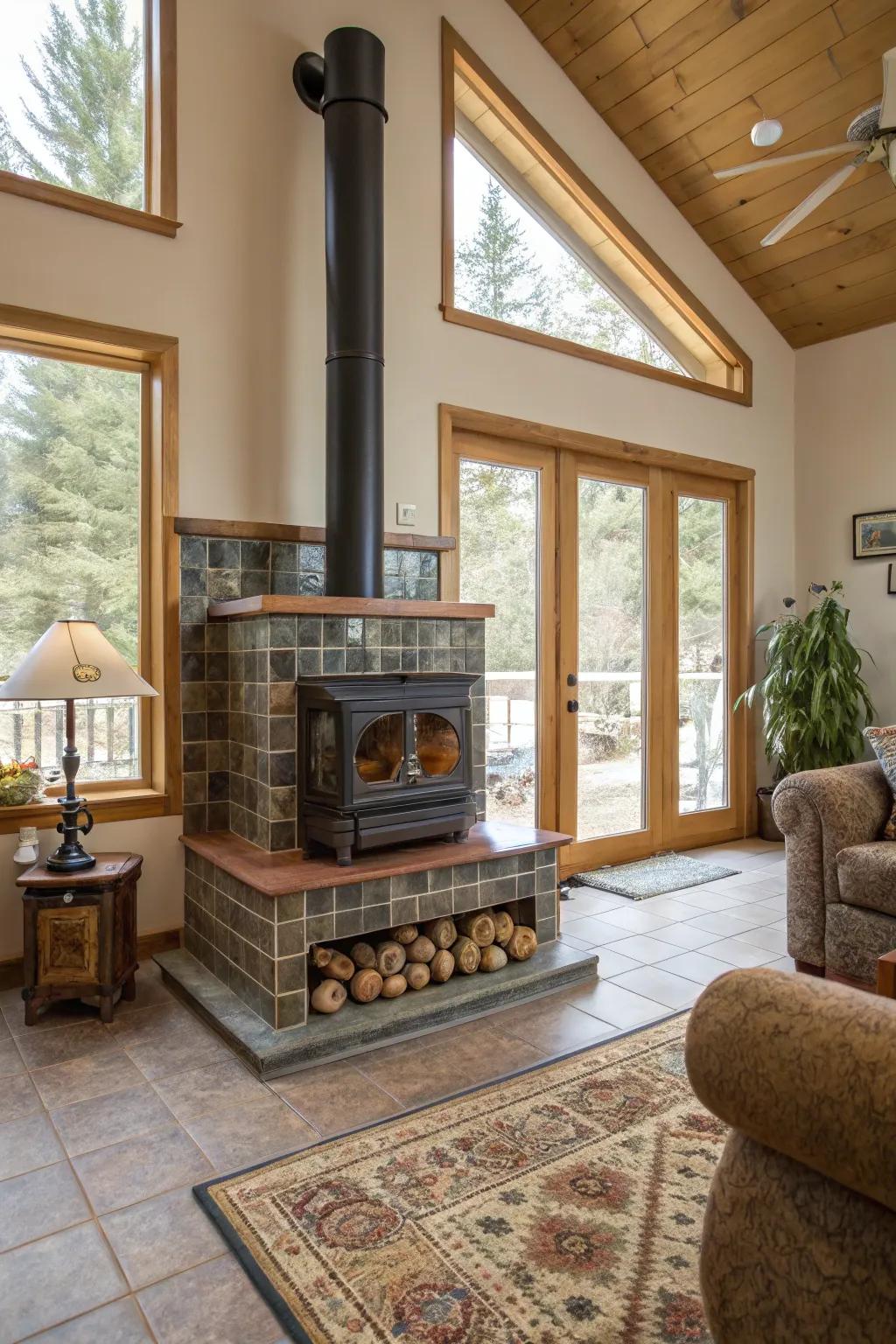 Matching the tile design with the room’s colors creates a harmonious wood stove area.