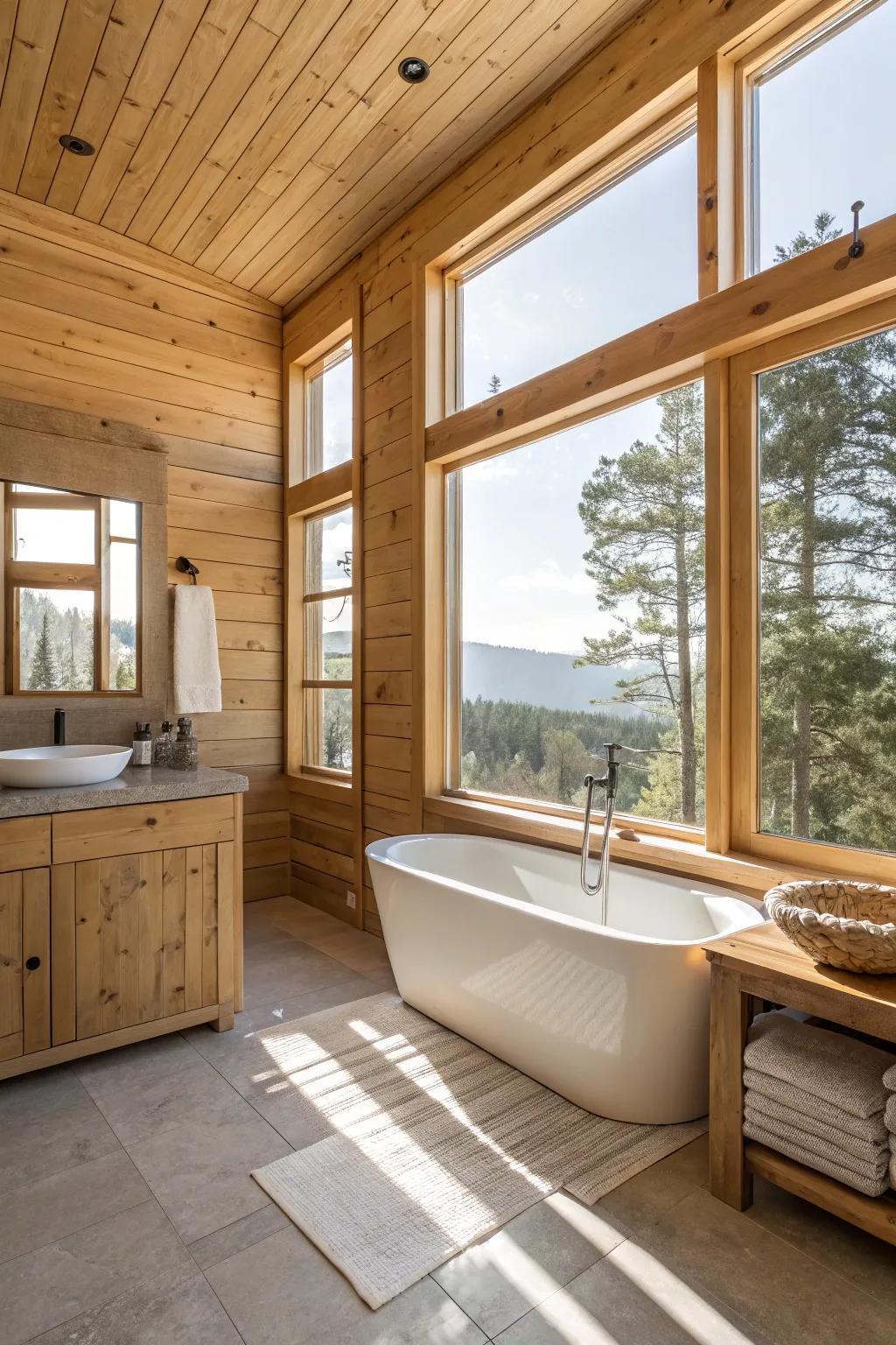 Natural brightness accentuates the charm of wood walls in this bathroom.