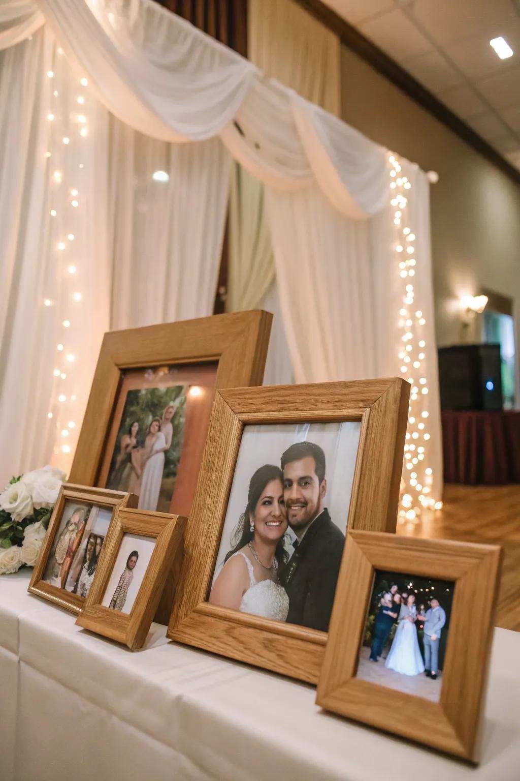 Timber photo frames lend a personal warmth to wedding backdrops.