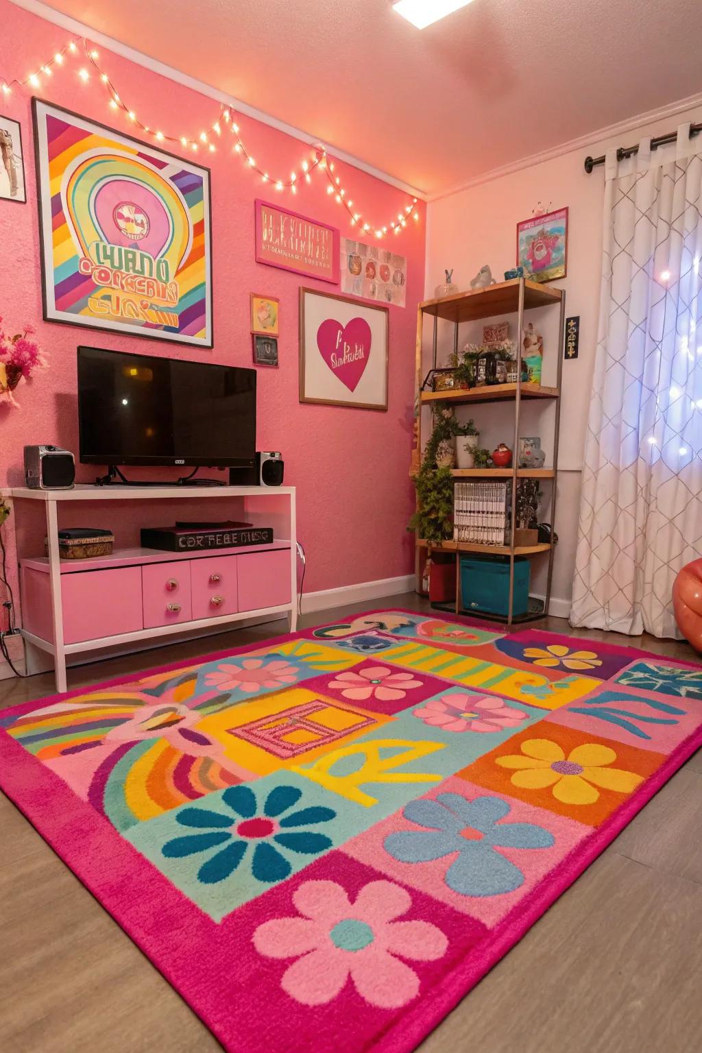 A colorful carpet brings warmth and style to any Y2K room.