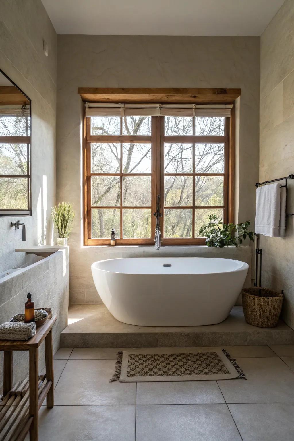 A showpiece bathtub forms a luxurious core feature within a zen bathroom.