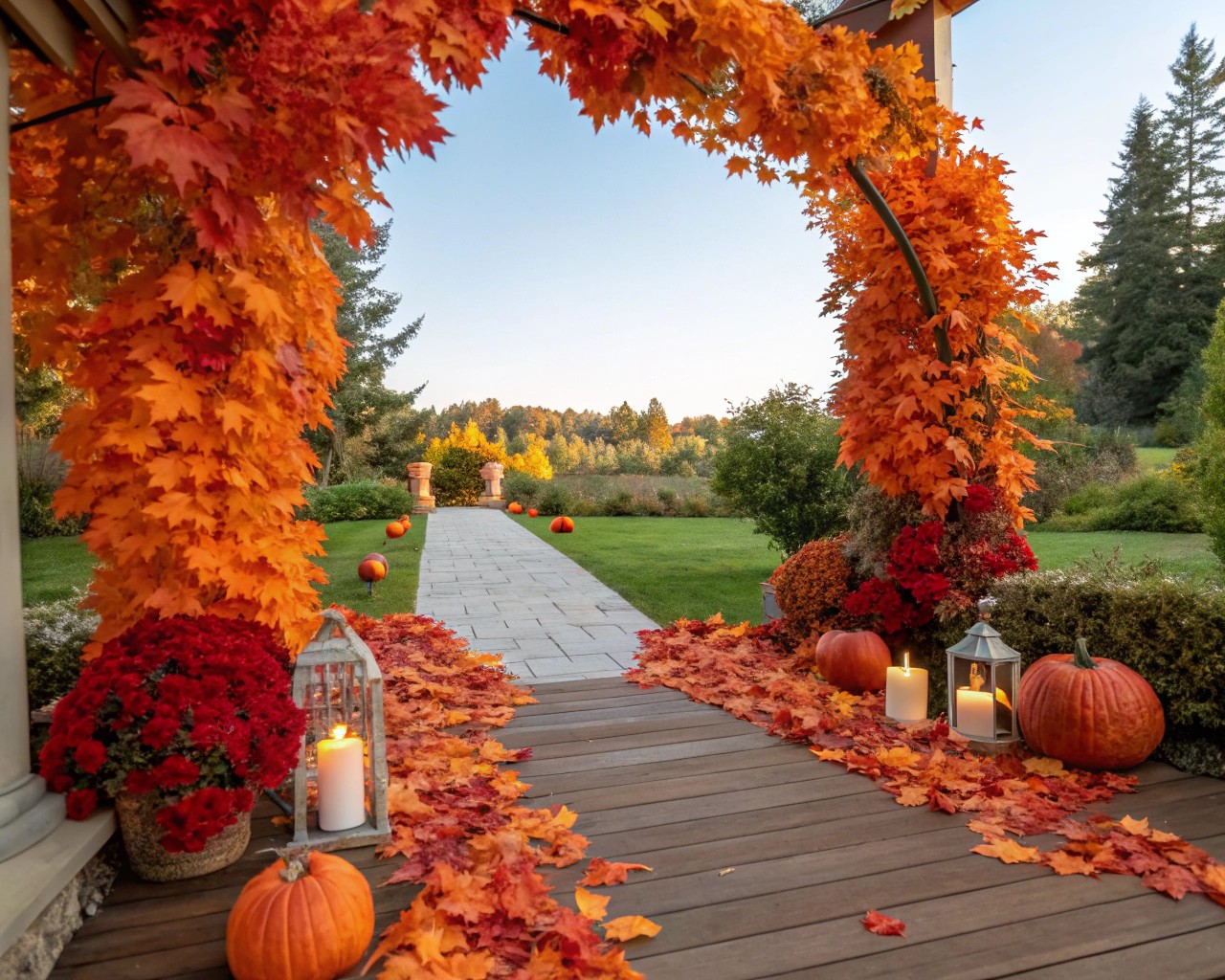A display of signature autumn elements including pumpkins, mums, and ornamental cabbages.