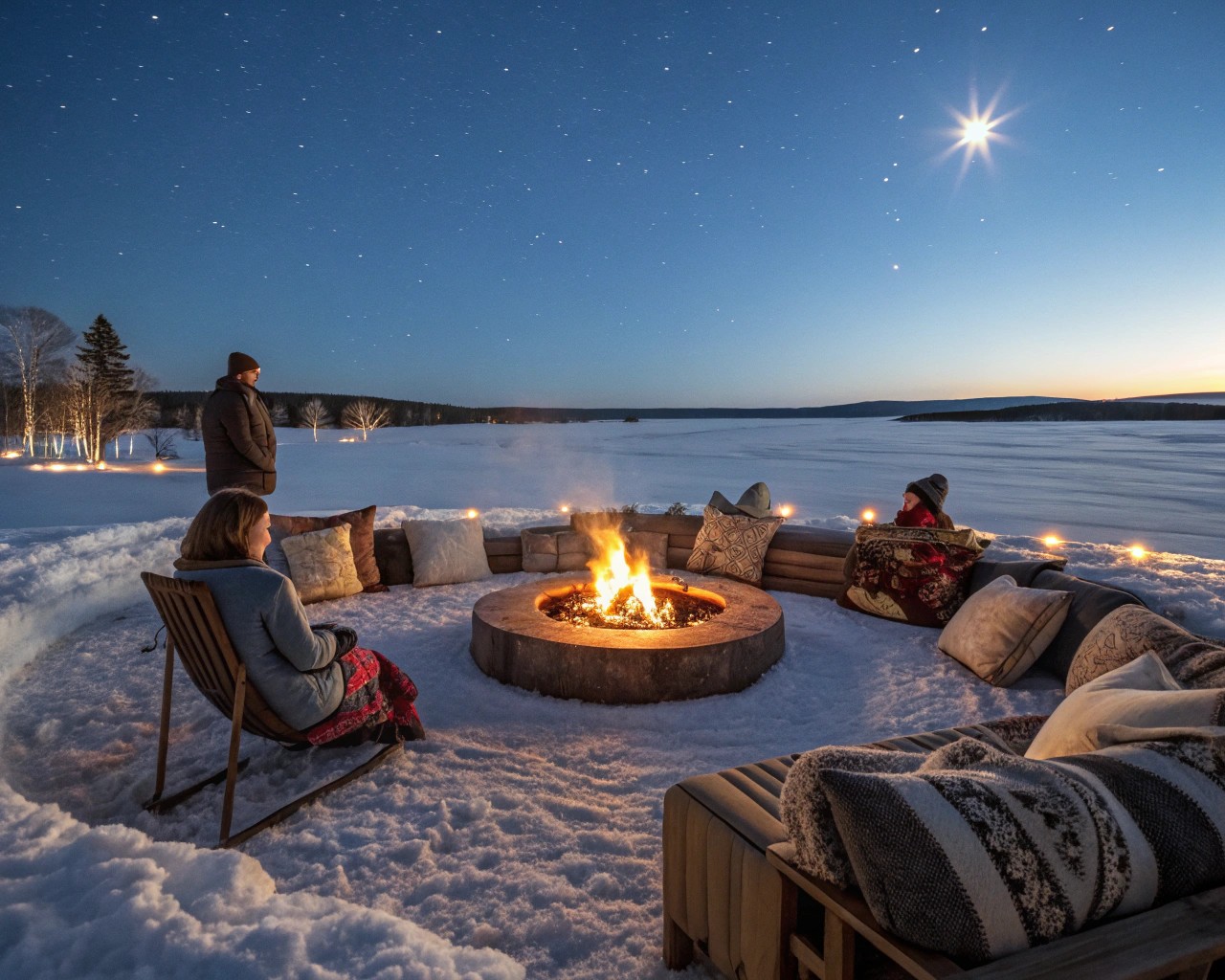 Enhancing outdoor comfort with heating solutions and ambient lighting for winter gatherings.