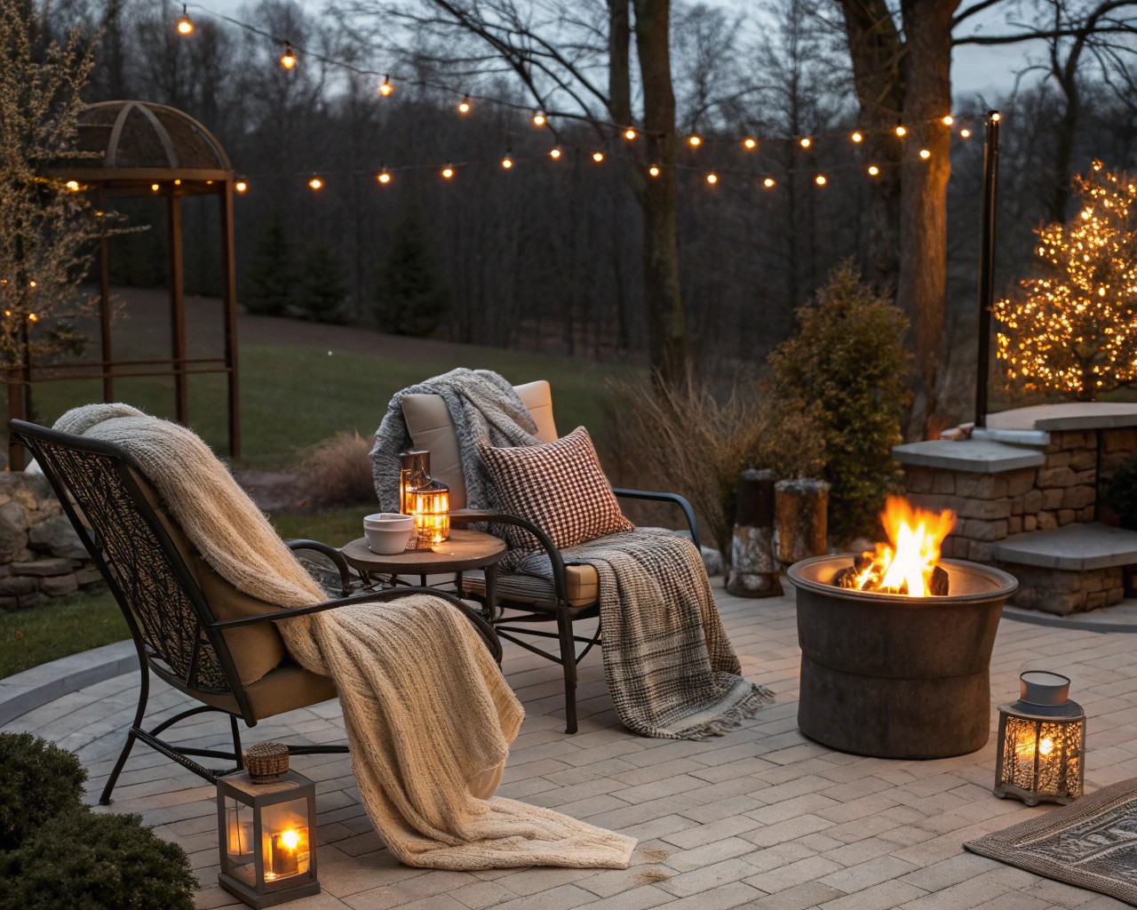 Functional outdoor spaces designed for winter activities, featuring fire pits and protected seating areas.