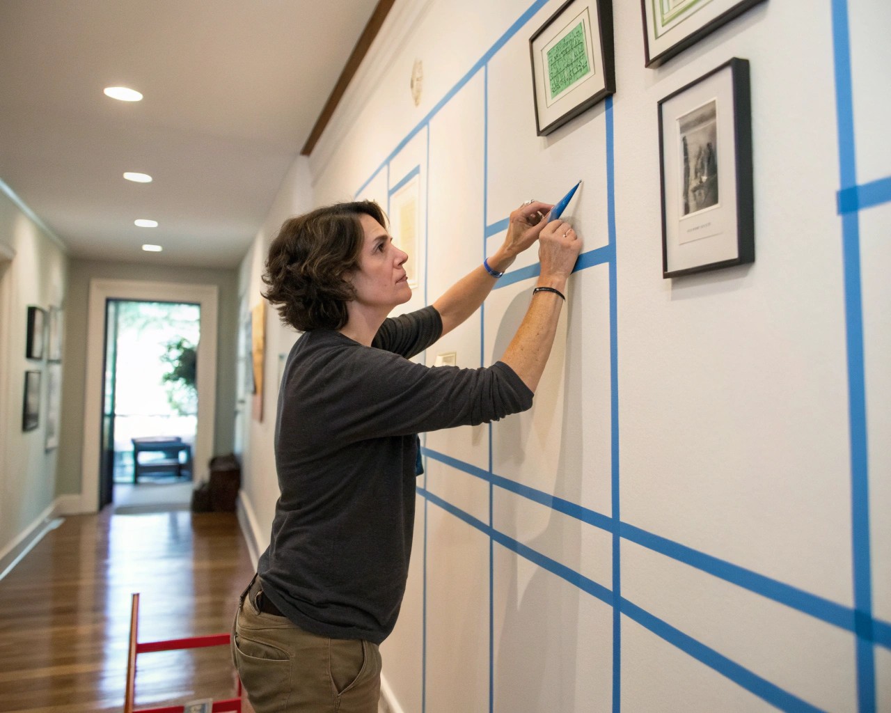 Painter's tape helps visualize potential gallery boundaries.