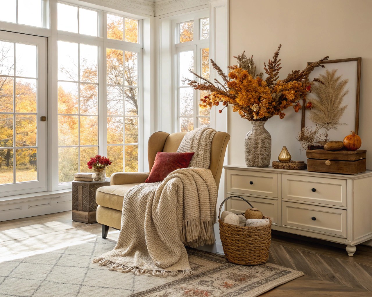 The 'neutral foundation, seasonal accent' approach in a beautifully composed space.