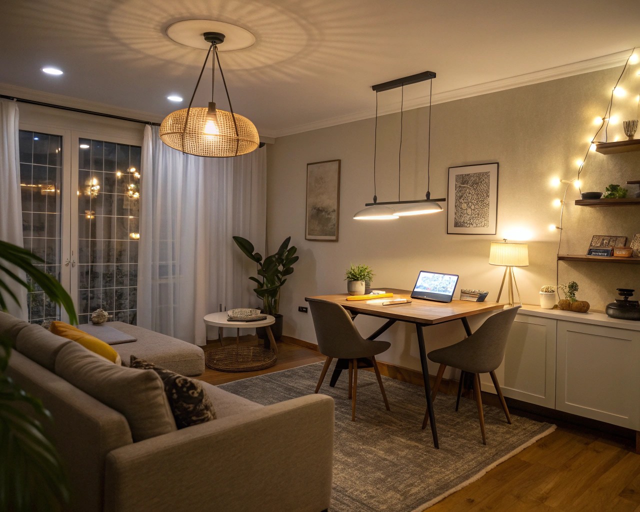 Thoughtfully placed lighting defining different zones in a residential space.