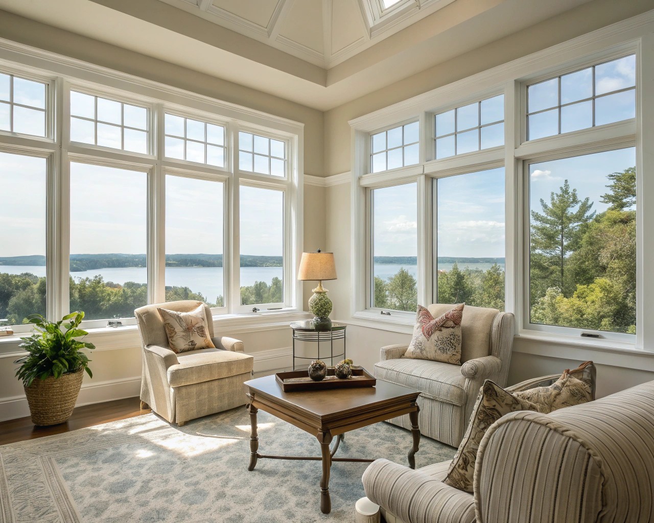 Unobstructed sight lines maintain an open feel, counteracting low ceiling compression.