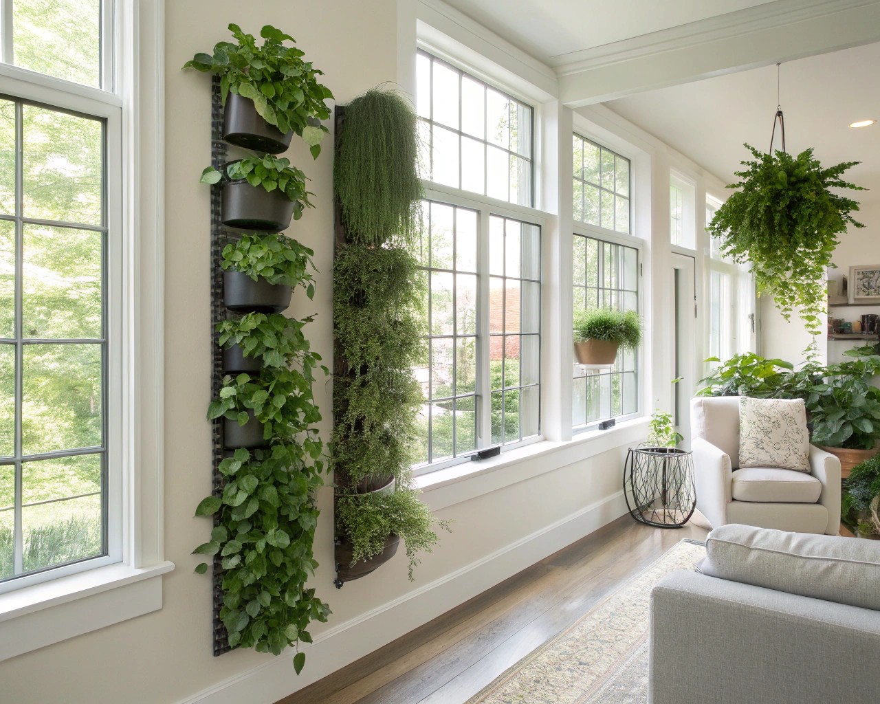 Vertical gardens provide height interest, enhancing the perception of space in interiors.